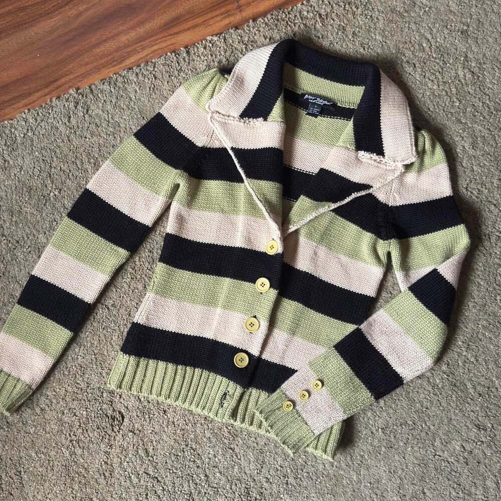 Betsey Johnson Striped Blazer Cardigan Sweater Green Beige Black Size S